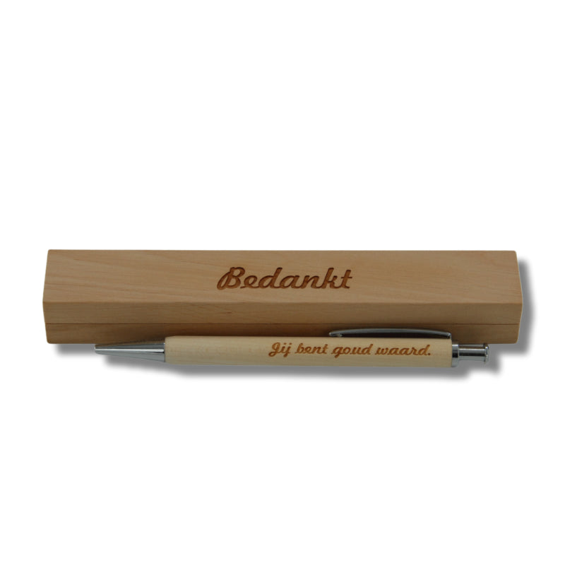 Balpen in doos. Bedanking. Bedankt. Jij bent goud waard.